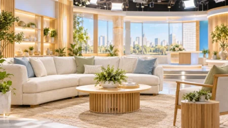 朝の光が差し込むテレビスタジオのソファと観葉植物