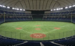 照明がともった無人のドーム球場の内野と観客席
