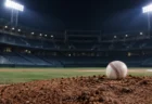 照明に照らされた球場のマウンドに置かれた野球ボール