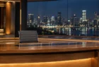 夜景を背にした無人の報道スタジオのキャスターデスク