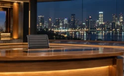 夜景を背にした無人の報道スタジオのキャスターデスク