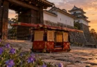 夕暮れの城門前の石畳に置かれた朱塗りの輿と桔梗の花