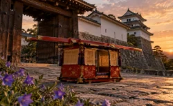 夕暮れの城門前の石畳に置かれた朱塗りの輿と桔梗の花