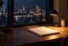 夜の街を背景に窓辺に置かれた台本と照明