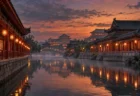 夕暮れの水上都市に朱塗りの回廊と灯籠が映る、中華風の後宮を思わせる風景のイメージ