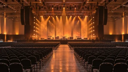 開演前の大きなアリーナのステージと客席