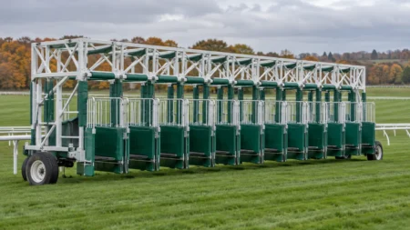曇り空の下、芝コースに置かれた競馬のスターティングゲート