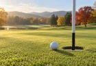 紅葉に囲まれた朝のゴルフ場のグリーンで、カップのそばに止まった白いゴルフボール