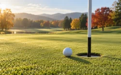 紅葉に囲まれた朝のゴルフ場のグリーンで、カップのそばに止まった白いゴルフボール
