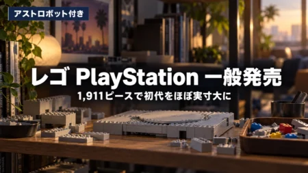 夕方の光が差す木製の棚に灰色のブロックが並び、レゴ PlayStationの一般発売を伝える文字入りアイキャッチ