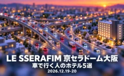 LE SSERAFIM 京セラドーム大阪 車で行く人のホテル5選 2026.12.19-20の文字と、夕方の高速道路のジャンクションをミニチュア風に描いたイラスト