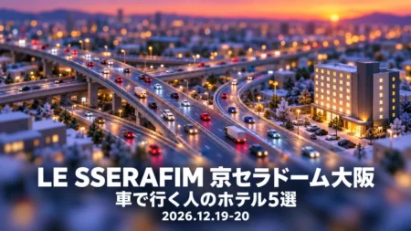 LE SSERAFIM 京セラドーム大阪 車で行く人のホテル5選 2026.12.19-20の文字と、夕方の高速道路のジャンクションをミニチュア風に描いたイラスト