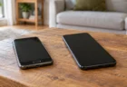 木のテーブルの上に並べて置かれた、画面が消えた古いスマートフォンと新しいスマートフォン