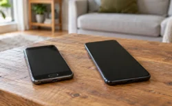 木のテーブルの上に並べて置かれた、画面が消えた古いスマートフォンと新しいスマートフォン