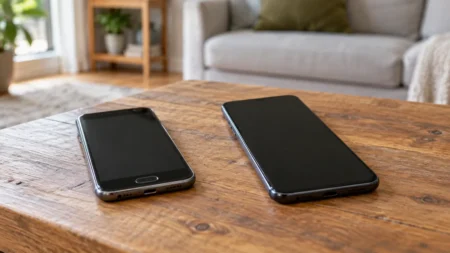 木のテーブルの上に並べて置かれた、画面が消えた古いスマートフォンと新しいスマートフォン
