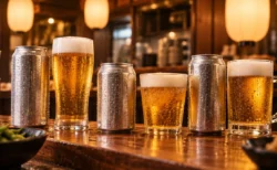 木のカウンターに並ぶビールの缶とグラス