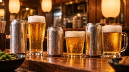 木のカウンターに並ぶビールの缶とグラス