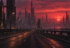 夕暮れの近未来的な都市の無人の高架道路
