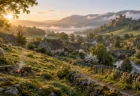 羊が草を食む緑の丘と石造りの家が並ぶ、朝日の差す穏やかな村の風景