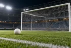 ナイターのサッカースタジアムのゴール前とサッカーボール