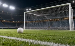 ナイターのサッカースタジアムのゴール前とサッカーボール
