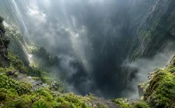 霧に包まれた巨大な縦穴を断崖の縁から見下ろす風景