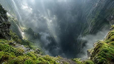 霧に包まれた巨大な縦穴を断崖の縁から見下ろす風景