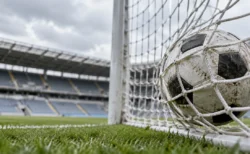 スタジアムのゴールネットを揺らすサッカーボール