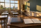 夕方の沖縄の中学校の教室、教卓に置かれた卒業アルバムとスケッチブック