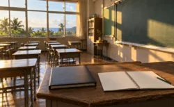 夕方の沖縄の中学校の教室、教卓に置かれた卒業アルバムとスケッチブック