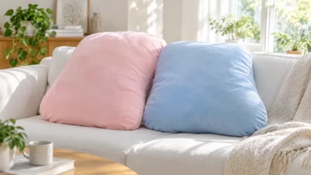 柔らかな日差しの部屋のソファに置かれた大きなクッション