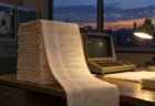 1960年代の研究所の机に積み上がったプログラムの連続用紙と古い端末