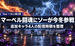 稲妻と炎と花火が舞う夜のビル屋上アリーナを背景に、マーベル闘魂のYear 1 DLC第2弾ソーの参戦と追加キャラ4人の配信時期を伝える文字入りアイキャッチ