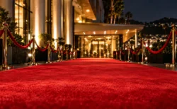 夜の映画祭会場前に敷かれた無人のレッドカーペットとロープスタンド