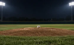 夜の照明に照らされた無人の野球場のマウンドに置かれた白い硬式ボール