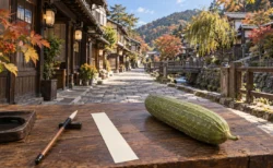 秋の道後の温泉街の石畳の通りと古い木造の建物