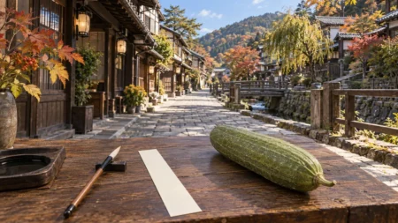 秋の道後の温泉街の石畳の通りと古い木造の建物