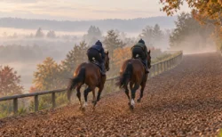 秋の朝もやの中、トレーニングセンターの坂路を駆け上がる2頭の鹿毛の競走馬