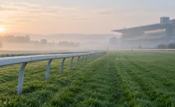 早朝の競馬場の芝コースと白い外ラチ、朝もやの向こうに見えるスタンド