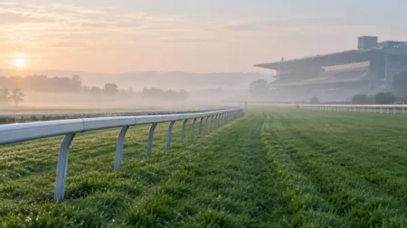 早朝の競馬場の芝コースと白い外ラチ、朝もやの向こうに見えるスタンド