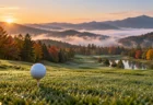 早朝のゴルフ場、朝露の残るティーグラウンドにティーアップされた白いボールと秋の山並み