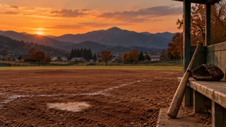 秋の夕暮れ、山並みを望む町の野球場。土のグラウンドのホームベースと、ベンチに立てかけた木製バットと革のグローブ