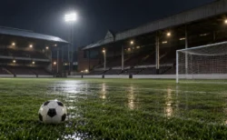 夜のイングランドのサッカースタジアムのピッチとゴール