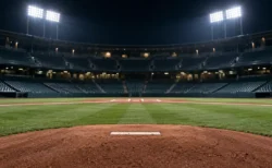 ナイター照明に照らされた無人の球場のマウンドとホームベース