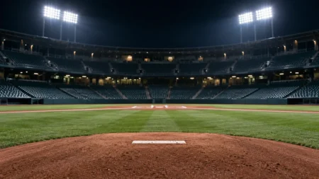 ナイター照明に照らされた無人の球場のマウンドとホームベース