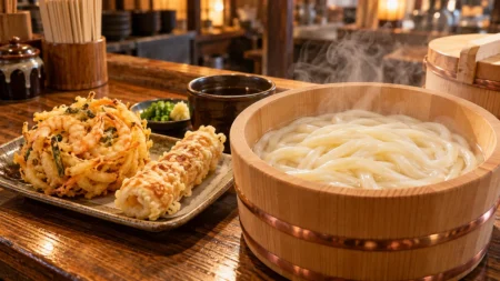 木のカウンターに置かれた湯気の立つ釜揚げうどんの桶と、かき揚げ・ちくわ天の皿