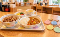 お子様セットのトレーとカラフルな反射キーホルダーが並ぶ飲食店のカウンター