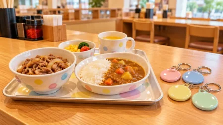 お子様セットのトレーとカラフルな反射キーホルダーが並ぶ飲食店のカウンター