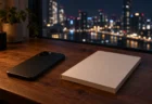 夜の窓辺の木製デスクに伏せて置かれたスマートフォンと無地の冊子、窓の外に街の夜景