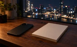 夜の窓辺の木製デスクに伏せて置かれたスマートフォンと無地の冊子、窓の外に街の夜景